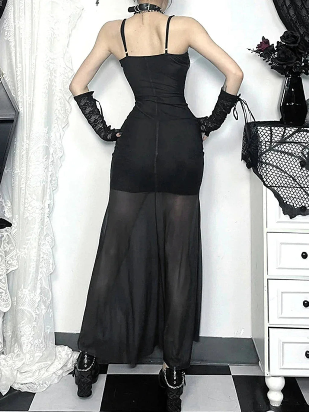 Skeleton Rose Pocket Neck Maxi Dress