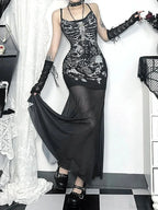 Skeleton Rose Pocket Neck Maxi Dress