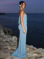 Light Blue Skew Collar Hollow Maxi Dress