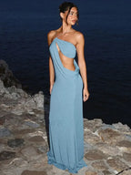 Light Blue Skew Collar Hollow Maxi Dress