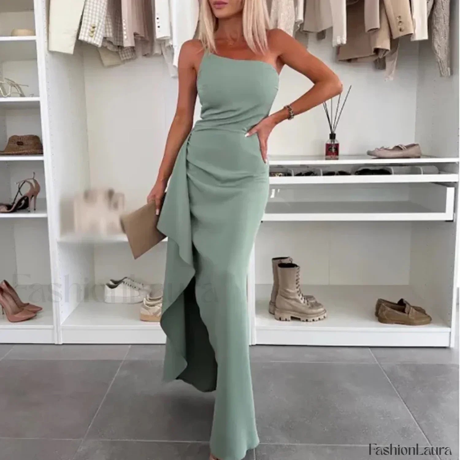 Skew Neck Wrap Split Maxi Dress