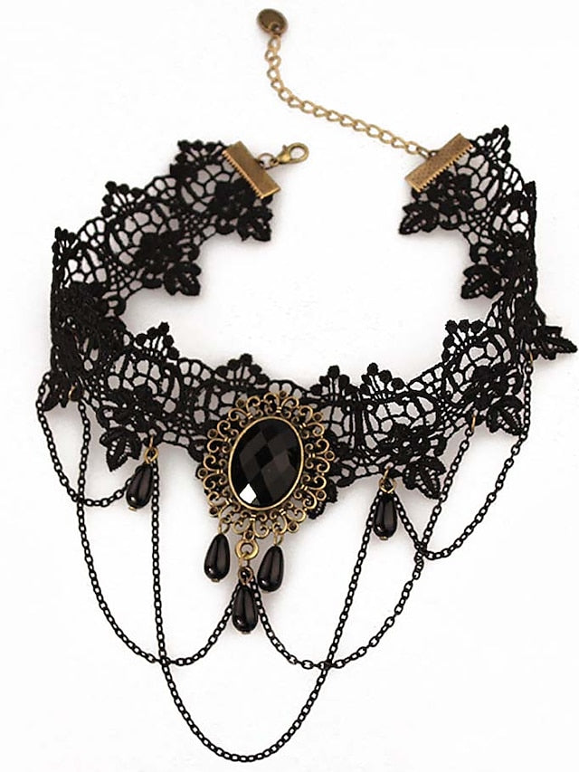 Lace Tattoo Choker Necklace Punk Fashion Jewelry for Women and Girls Vintage Gothic Style with Artificial Gemstones