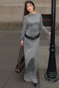 Grey Slant Neck Pleated Column Maxi Dress