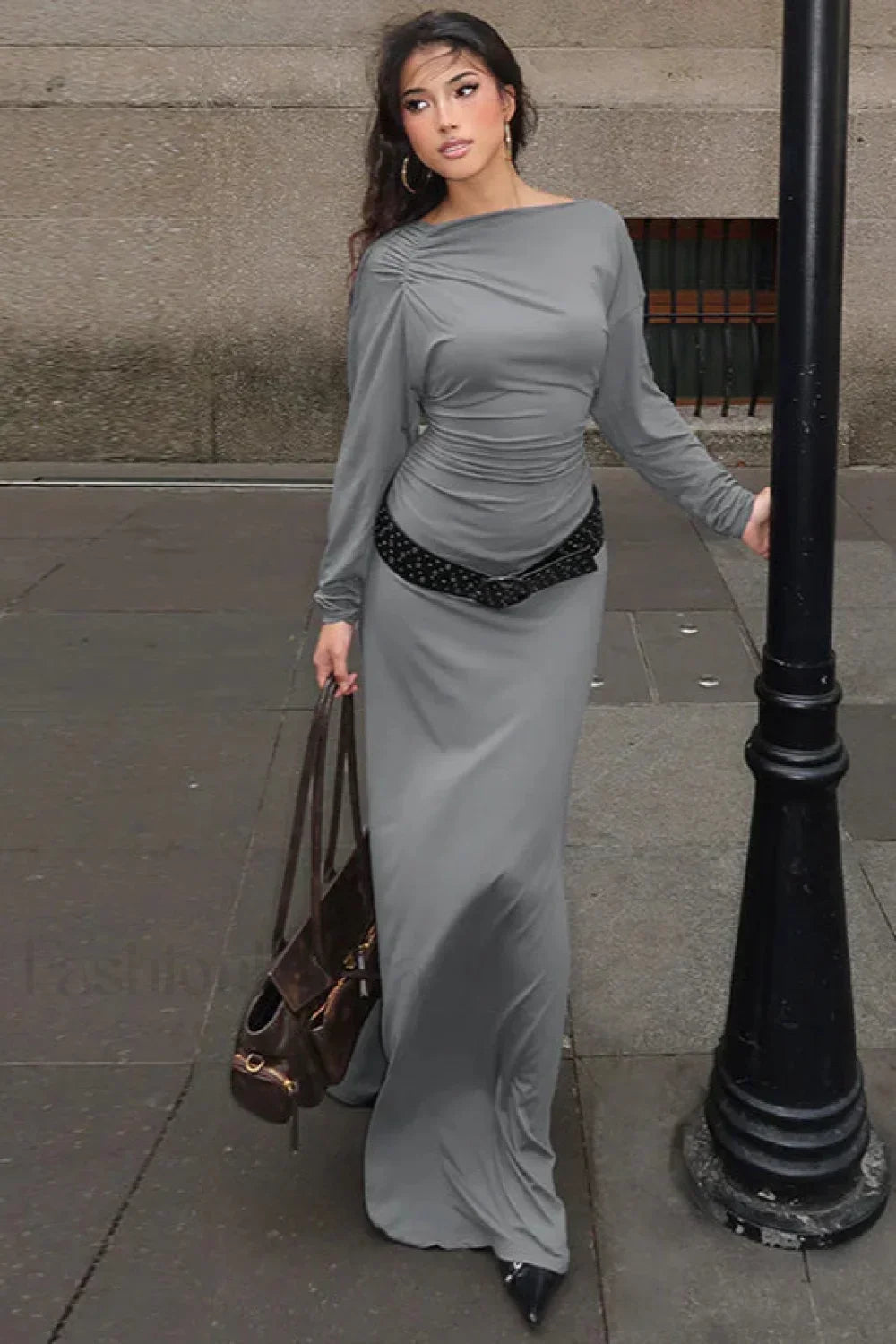 Grey Slant Neck Pleated Column Maxi Dress