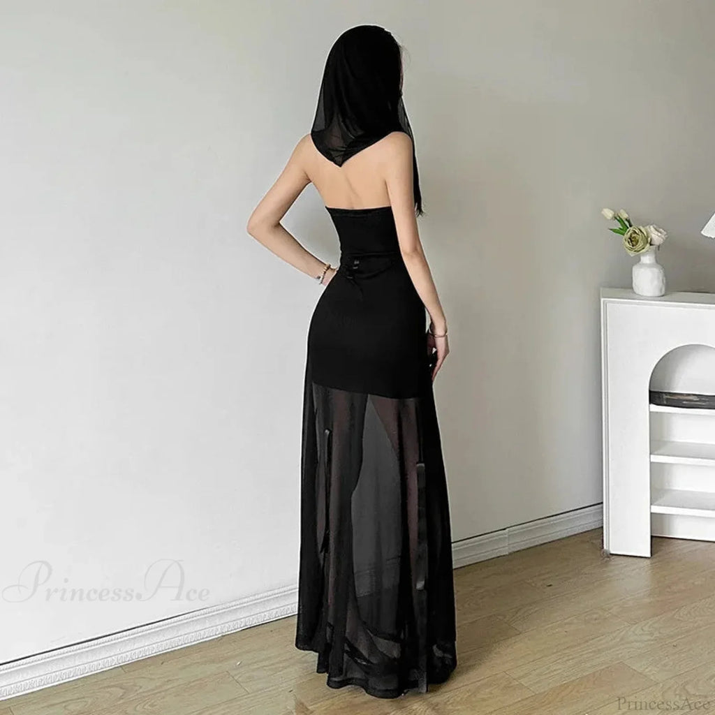 Sleeveless Cloaked Ribbon Net Full-Length Gown