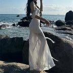 Sleeveless Cloaked Ribbon Net Full-Length Gown