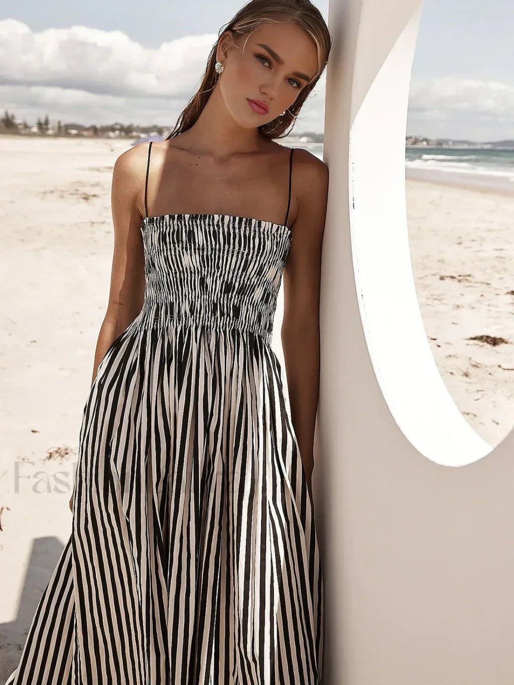 Black Sleeveless Pinstripe Long Dress