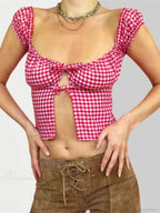 Sleeveless Plaid Square Neck Tie-up Blouse