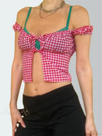 Sleeveless Plaid Square Neck Tie-up Blouse