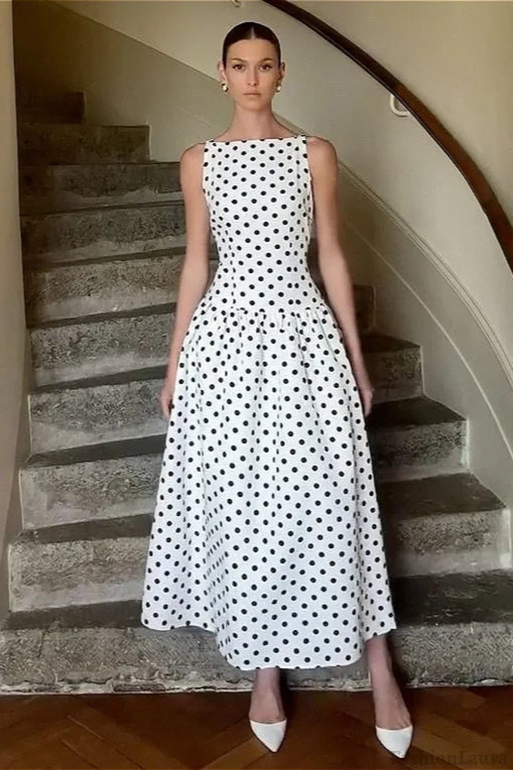 White Sleeveless Smocked Waist Polka Dot Maxi Dress