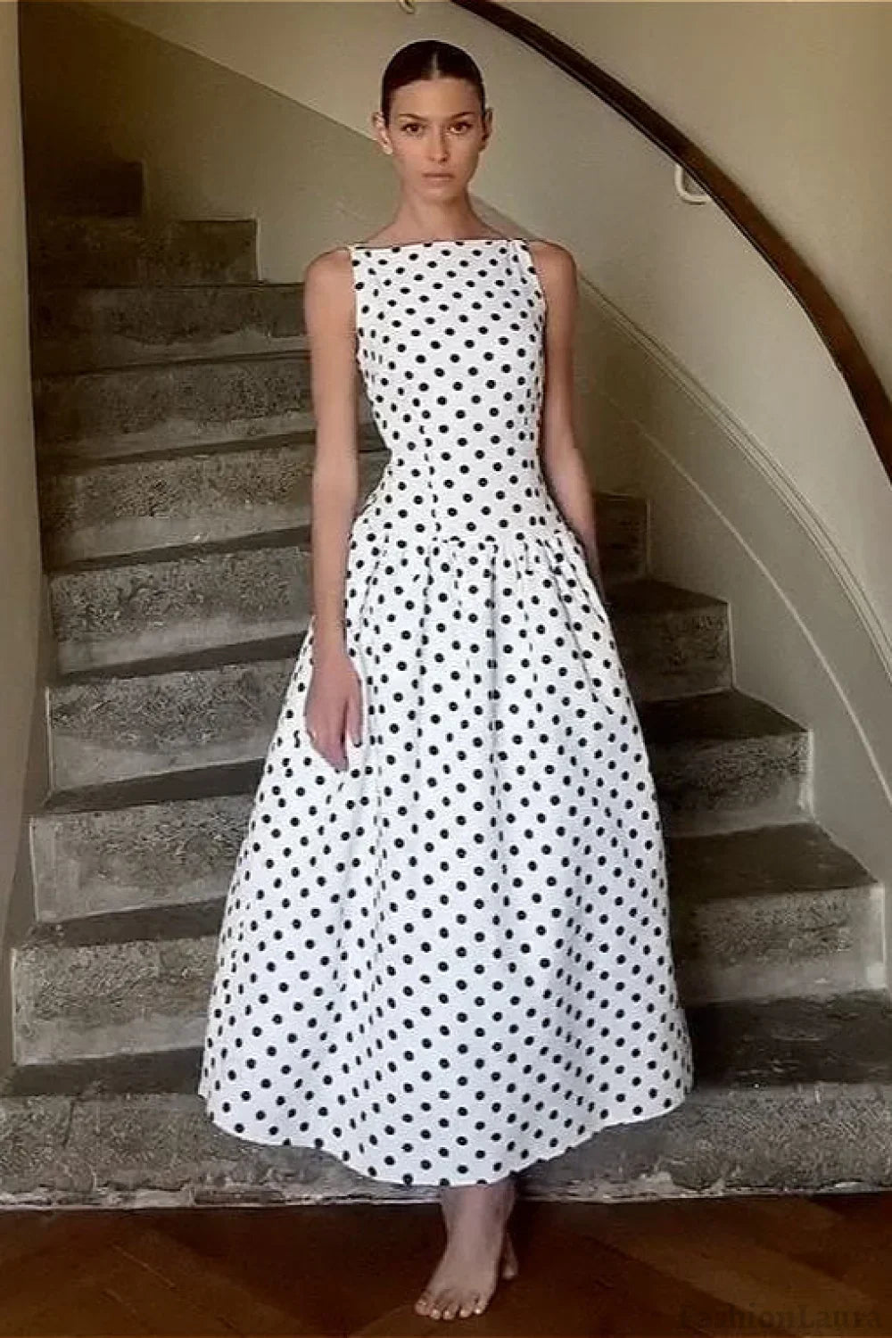 White Sleeveless Smocked Waist Polka Dot Maxi Dress