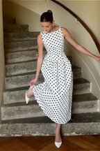 White Sleeveless Smocked Waist Polka Dot Maxi Dress