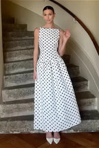 White Sleeveless Smocked Waist Polka Dot Maxi Dress