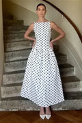 White Sleeveless Smocked Waist Polka Dot Maxi Dress