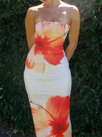 Sleeveless Strapless Bodycon Floral Print Midi Floral Dress