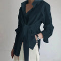 Slim Button Ruched Lace-Up Blouse