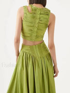 Slim Hollow Pleated Skirt Two Piece Set