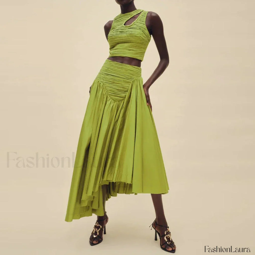 Slim Hollow Pleated Skirt Two Piece Set