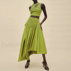 Slim Hollow Pleated Skirt Two Piece Set