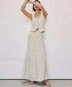 Slim Khaki Linen Tank Skirt Two Piece Set