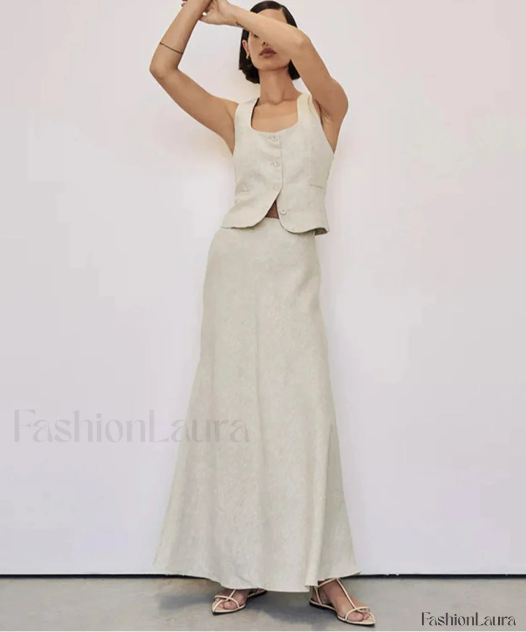 Slim Khaki Linen Tank Skirt Two Piece Set