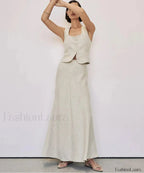 Slim Khaki Linen Tank Skirt Two Piece Set