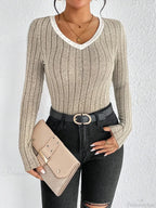 Slim Sexy V-Neck Neck Edge Clash Pullover Top Women