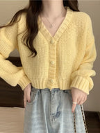 Slim Solid V-Neck Button-Up Knitted Cardigan for Women
