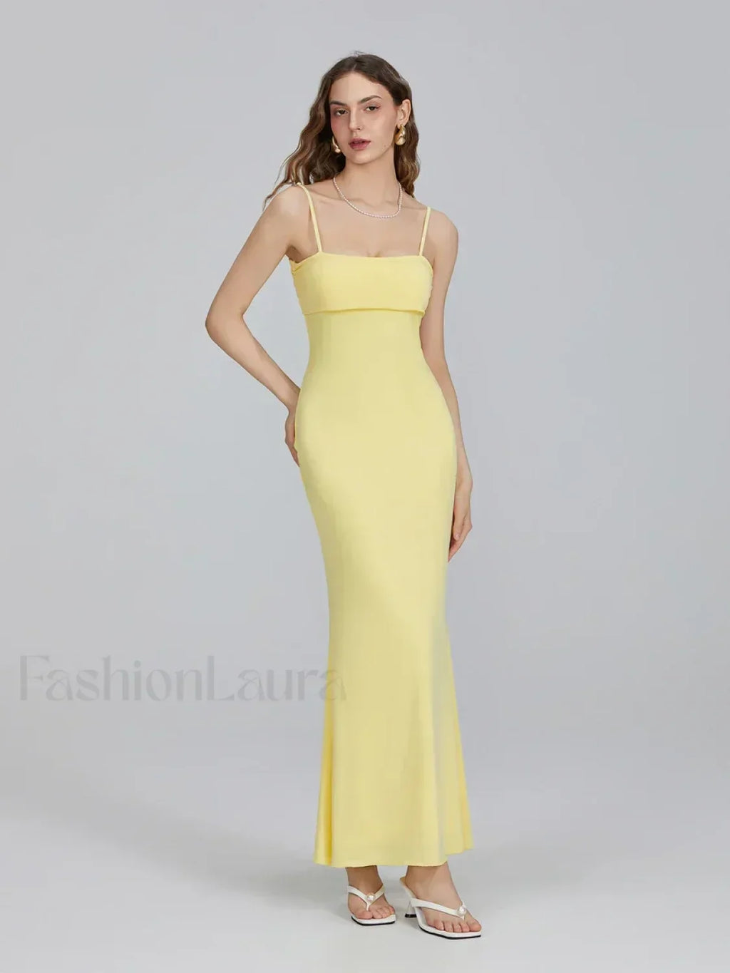 Yellow Slim Square Strap Maxi Dress