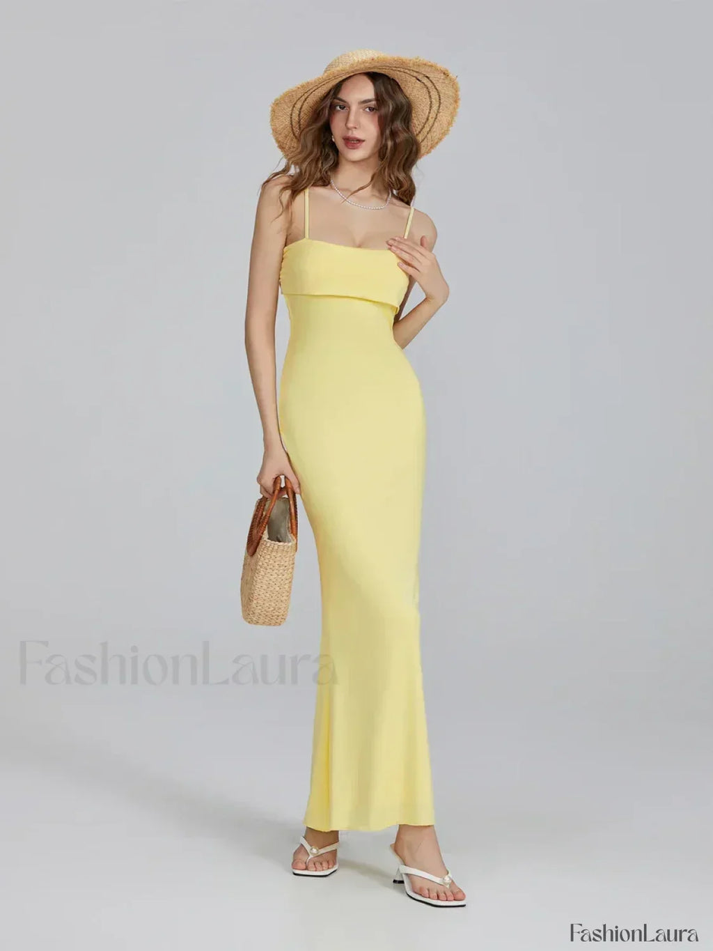 Yellow Slim Square Strap Maxi Dress