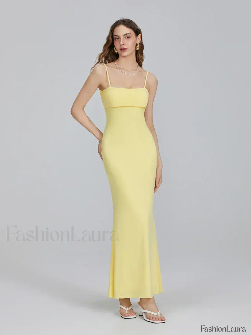 Yellow Slim Square Strap Maxi Dress