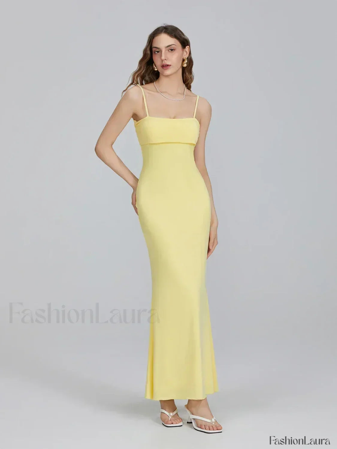 Yellow Slim Square Strap Maxi Dress