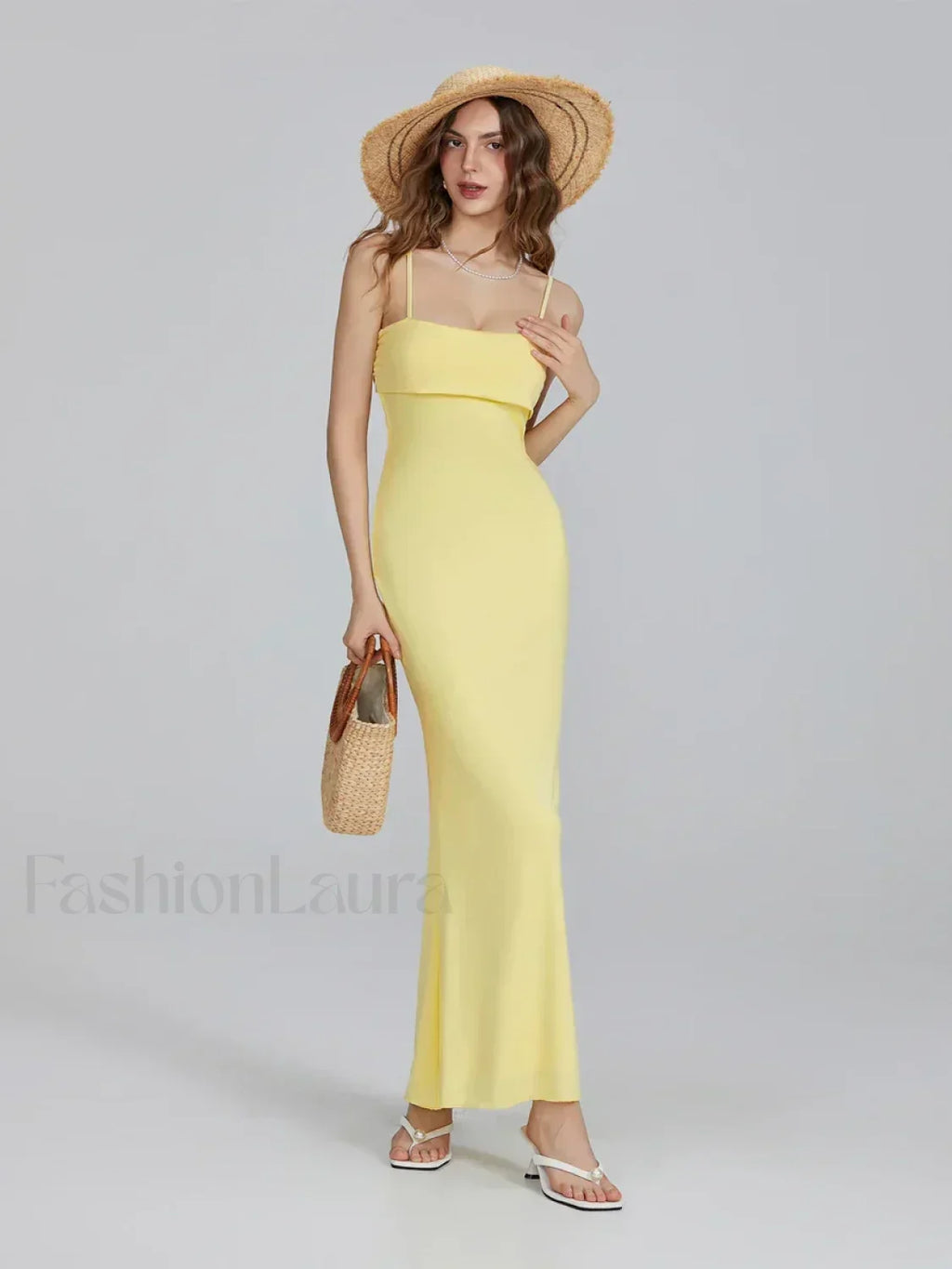 Yellow Slim Square Strap Maxi Dress