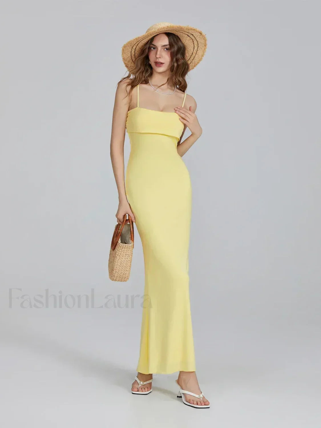 Yellow Slim Square Strap Maxi Dress