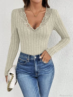 Slimming Solid Color V-Neck Lace Lace Onsie Women