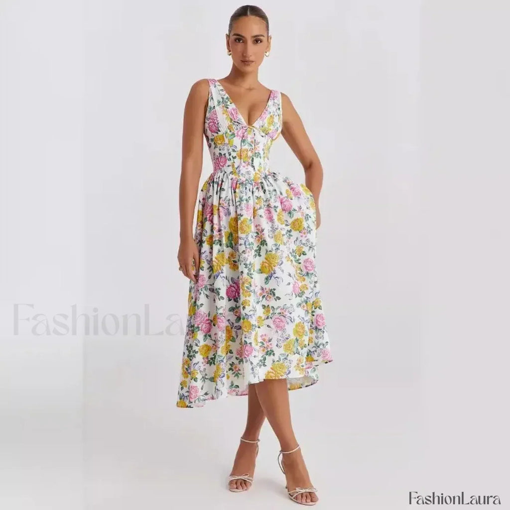 Slimming V-Neck Midi Floral Dress