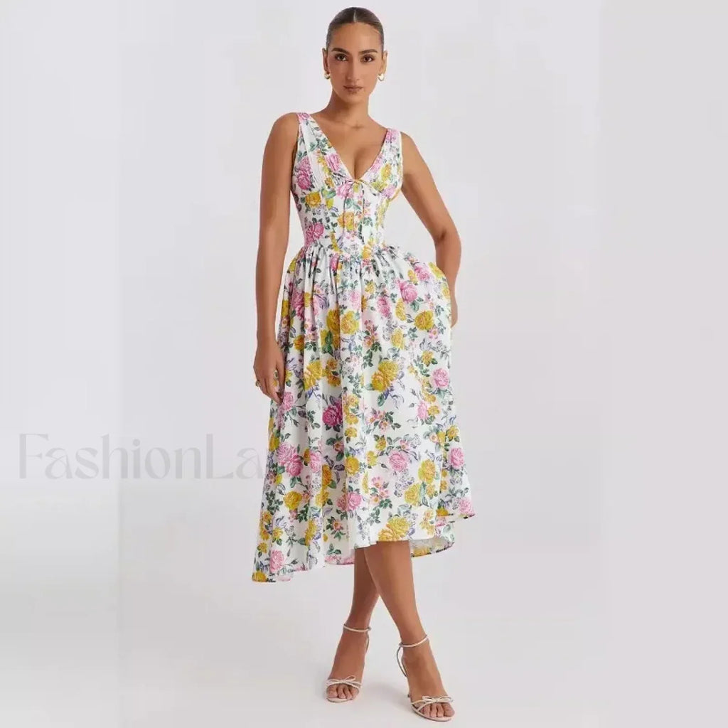 Slimming V-Neck Midi Floral Dress