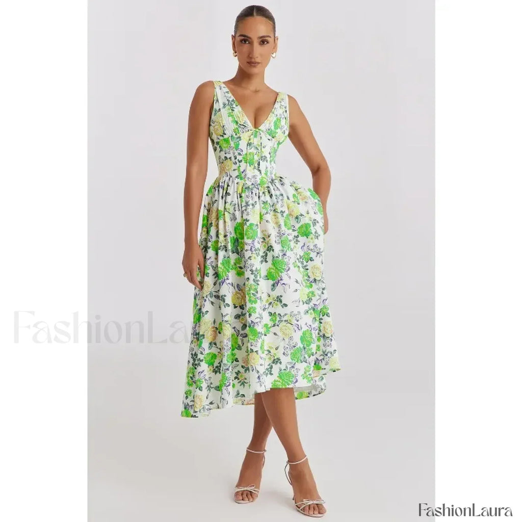 Slimming V-Neck Midi Floral Dress