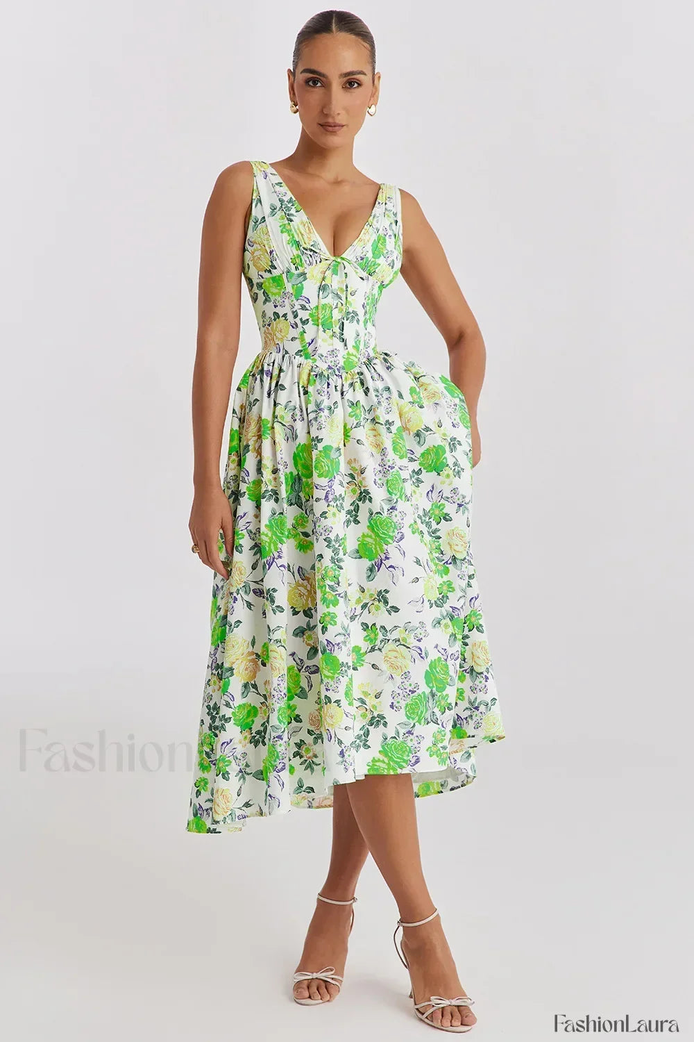 Slimming V-Neck Midi Floral Dress