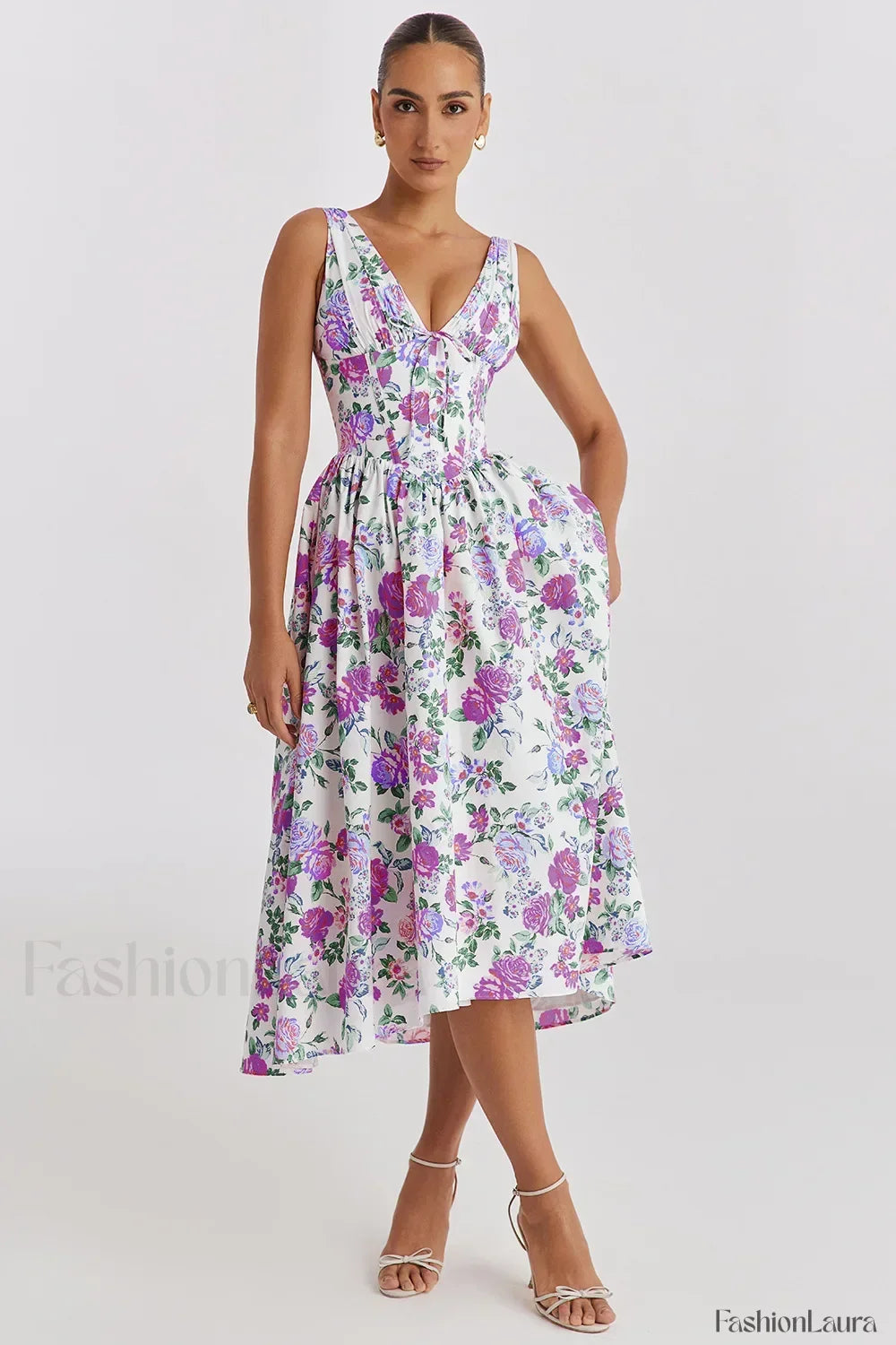 Slimming V-Neck Midi Floral Dress