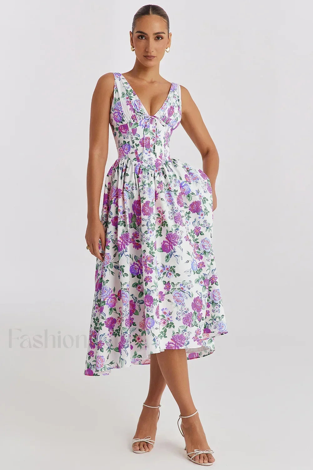 Slimming V-Neck Midi Floral Dress