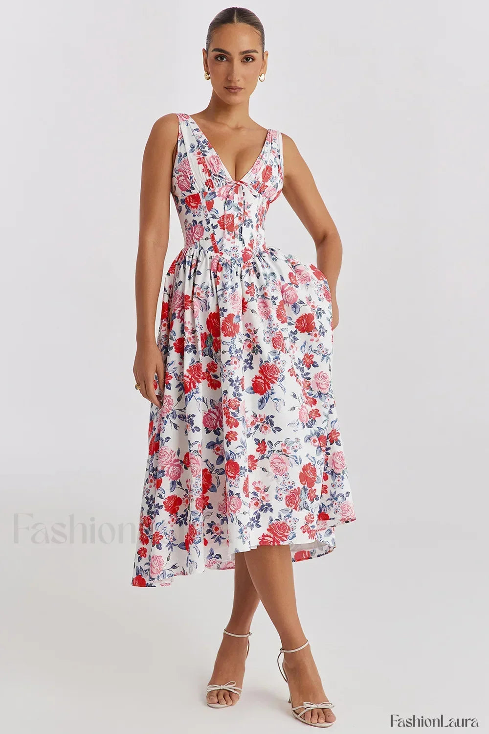 Slimming V-Neck Midi Floral Dress