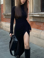 Black Slit Pleated Long Sleeve Bodycon Mock Neck Long Dress