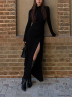 Slit Pleated Long Sleeve Bodycon Mock Neck Long Dress