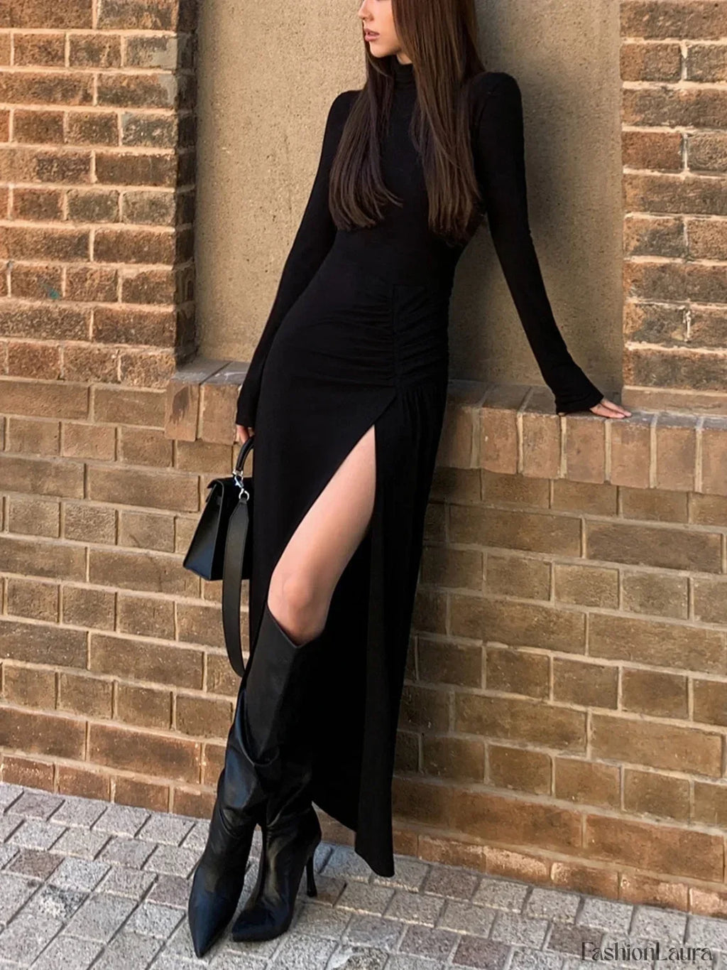 Black Slit Pleated Long Sleeve Bodycon Mock Neck Long Dress