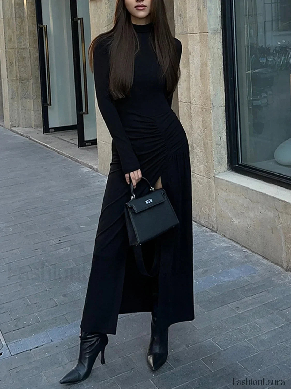 Black Slit Pleated Long Sleeve Bodycon Mock Neck Long Dress