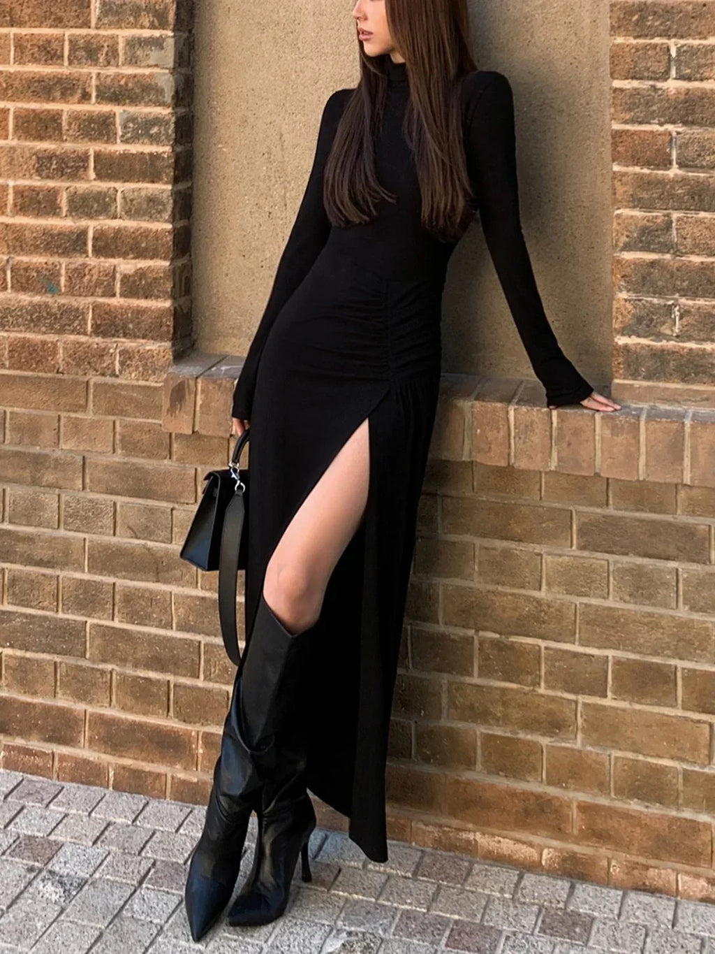 Black Slit Pleated Long Sleeve Bodycon Mock Neck Long Dress