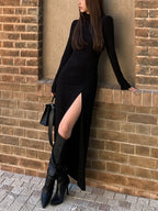 Black Slit Pleated Long Sleeve Bodycon Mock Neck Long Dress