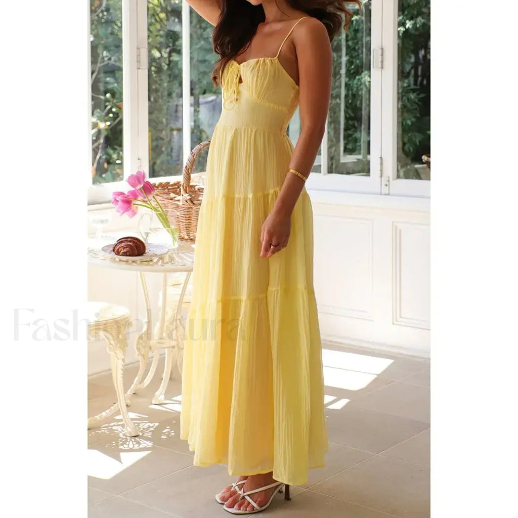 Yellow Smocked Bow-front Midi Dress