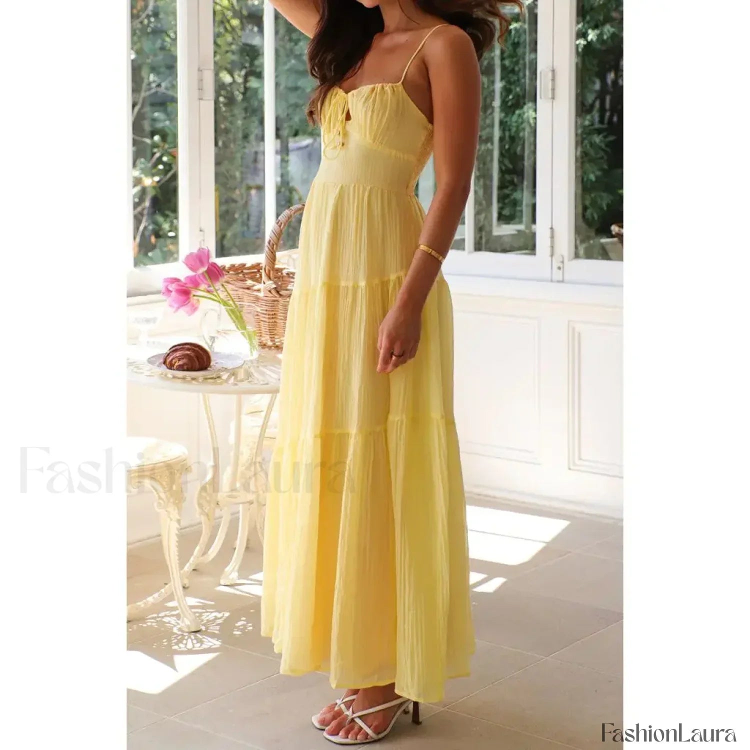 Yellow Smocked Bow-front Midi Dress